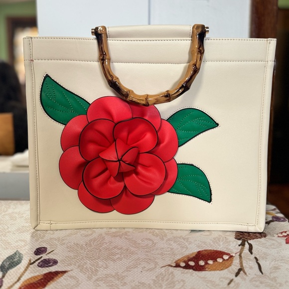Handbags - Chic Cream Tote Bag with Red Floral Accent